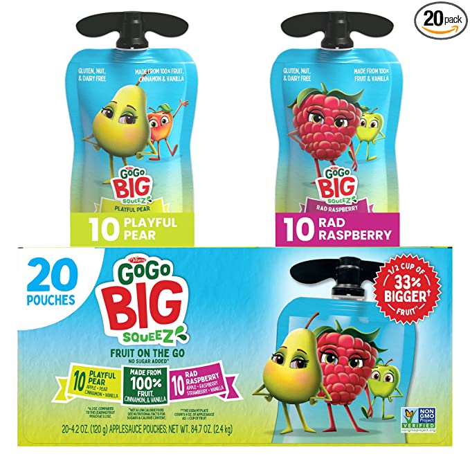 GoGo BIG squeeZ Rad Raspberry & Playful Pear, 4.2 oz. (20 Pouches) - Bigger, Tasty Kids Snacks Made from Raspberries and Pears - Gluten Free Snacks for Kids - Nut & Dairy Free - Vegan Snacks - 848860046918
