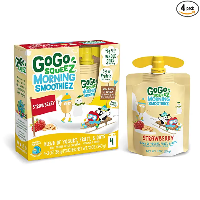  GoGo SqueeZ Morning SmoothieZ, Strawberry, Gluten Free Yogurt, Fruit & Oat Pouches, Individual Snacks for Kids, No Preservatives, Convenient, Reclosable & BPA Free, 3 Oz, 4 Count  - 848860048455