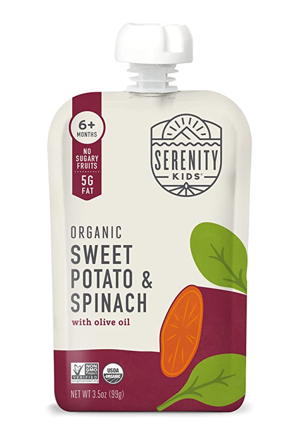 Serenity Kids 6+ Months USDA Organic Veggie Puree Baby Food Pouches | No Sugary Fruits or Added Sugar | Allergen Free | 3.5 Ounce BPA-Free Pouch | Sweet Potato & Spinach | 1 Count - 850000411029