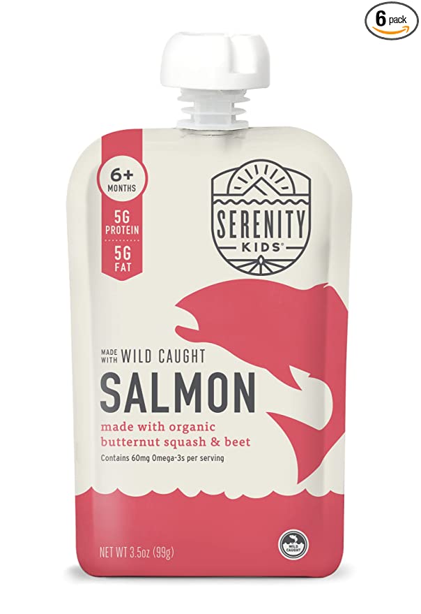  Serenity Kids 6+ Months Baby Food Pouches Puree Made With Ethically Sourced Meats & Organic Veggies | 3.5 Ounce BPA-Free Pouch | Wild Caught Salmon, Butternut Squash, Beet | 6 Count  - 850000411081