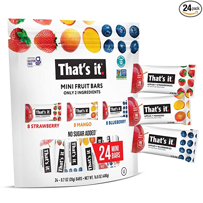 That's it. Mini Fruit Bars (Variety 24 PACK) No Sugar Added, Plant-Based, Vegan & Gluten Free, Breakfast Bar, Paleo, for Children & Adults, Non GMO, Fiber (8 Blueberry, 8 Strawberry, 8 Mango) - 850000547568