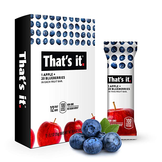 That's it. Apple + Blueberry 100% Natural Real Fruit Bar, Best High Fiber Vegan, Gluten Free Healthy Snack, Paleo for Children & Adults, Non GMO No Sugar Added, No Preservatives Energy Food (12 Pack) - 850000547834