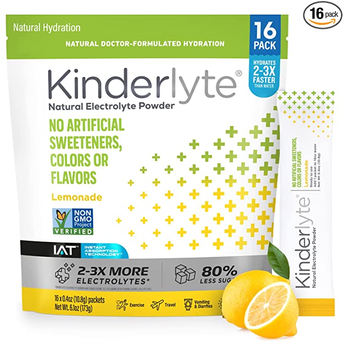  Kinderlyte Electrolyte Powder, Rapid Hydration, Easy Open Packets, Supplement Drink Mix (Lemonade, 16 Count)  - 850001805216