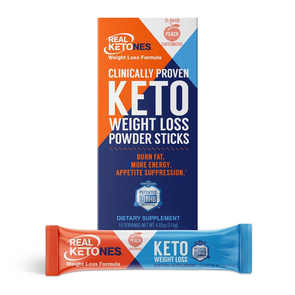 Real Ketones D-BHB Exogenous Keto Caffeinated Weight Loss Powder Sticks - Peach - 10ct - 850001988803