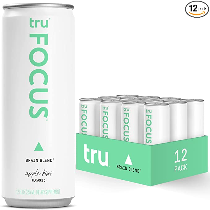  Tru Focus Caffeinated Sparkling Water (12-Pack) Clean Energy Drink w/ Nootropics, Yerba Mate, Adaptogens, CoQ10 - Apple Kiwi Flavored Carbonated Water for Energy and Focus - 12 oz each  - 850003324579