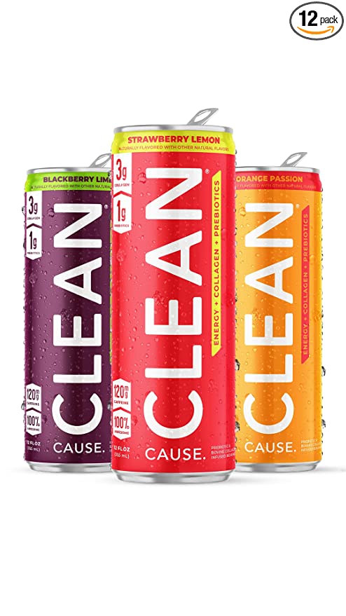  CLEAN Energy Drink with Collagen Peptides & Prebiotics. CLEAN Cause Beverage with 120mg of Organic Caffeine. 12 Pack of 12oz Cans. Less Sugar than Leading Energy Drink. (Variety Pack)  - 850003797519