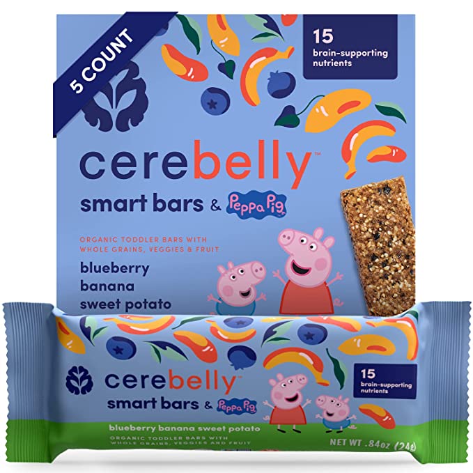  Cerebelly Toddler Snack Bars – Peppa Pig Blueberry Banana Sweet Potato (Pack of 5), Healthy & Organic Whole Grain Bars with Veggies & Fruit, 15 Brain-supporting Nutrients from Superfoods, Nut Free, No Added Sugar, Made with Gluten Free Ingredients  - 850003898544