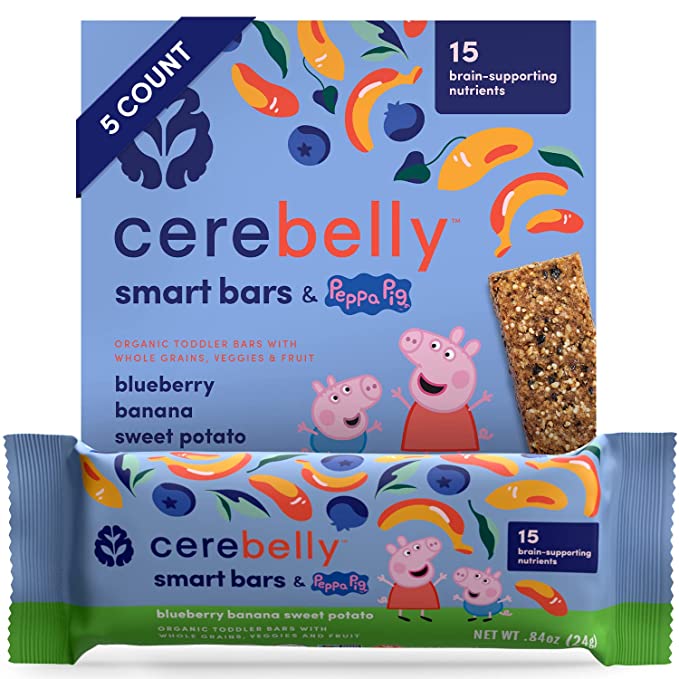 Cerebelly Toddler Snack Bars – Peppa Pig Blueberry Banana Sweet Potato (Pack of 5), Healthy & Organic Whole Grain Bars with Veggies & Fruit, 15 Brain-supporting Nutrients from Superfoods, Nut Free, No Added Sugar, Made with Gluten Free Ingredients - 850003898544