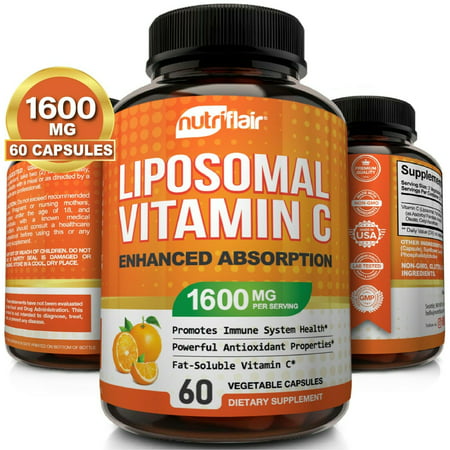 NutriFlair Liposomal Vitamin C 1600mg, 60 Capsules - High Absorption, Fat Soluble VIT C, Antioxidant Supplement, Higher Bioavailability Immune System Support & Collagen Booster, Non-GMO, Vegan Pills - 850003901237