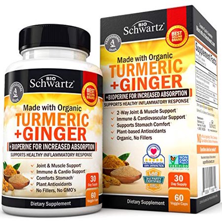 Organic Turmeric & Ginger Capsules with BioPerine Black Pepper for Increased Absorption - 2 Way Muscle & Joint Support Supplement - Designed for Stomach Comfort - for Immune & Cardio Support - 850004119822