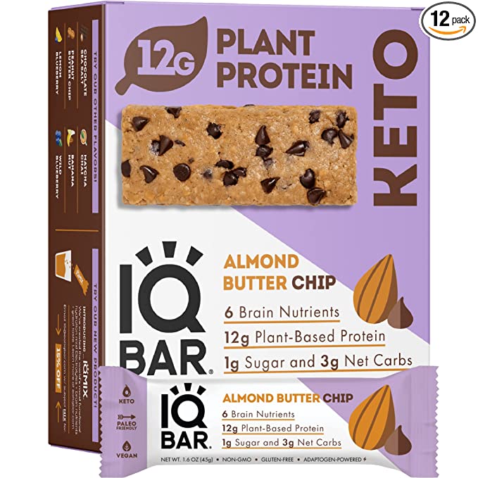  IQBAR Brain and Body Keto Protein Bars - Almond Butter Chip Keto Bars - 12-Count Energy Bars - Low Carb Protein Bars - High Fiber Vegan Bars and Low Sugar Meal Replacement Bars - Vegan Snacks  - 850004554067