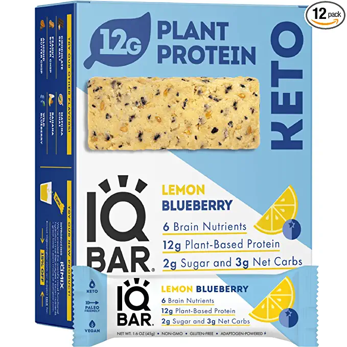 IQBAR Brain and Body Keto Protein Bars - Lemon Blueberry Keto Bars - 12-Count Energy Bars - Low Carb Protein Bars - High Fiber Vegan Bars and Low Sugar Meal Replacement Bars - Vegan Snacks - 850004554081