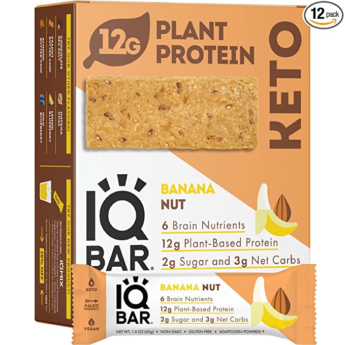  IQBAR Brain and Body Keto Protein Bars - Banana Nut Keto Bars - 12-Count Energy Bars - Low Carb Protein Bars - High Fiber Vegan Bars and Low Sugar Meal Replacement Bars - Vegan Snacks  - 850004554197