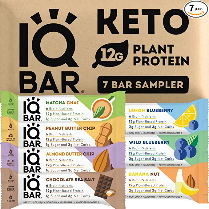  IQBAR Brain and Body Keto Protein Bars - 7 Sampler Keto Bars - Energy Bars - Low Carb Protein Bars - High Fiber Vegan Bars and Low Sugar Meal Replacement Bars - Vegan Snacks  - 850004554210
