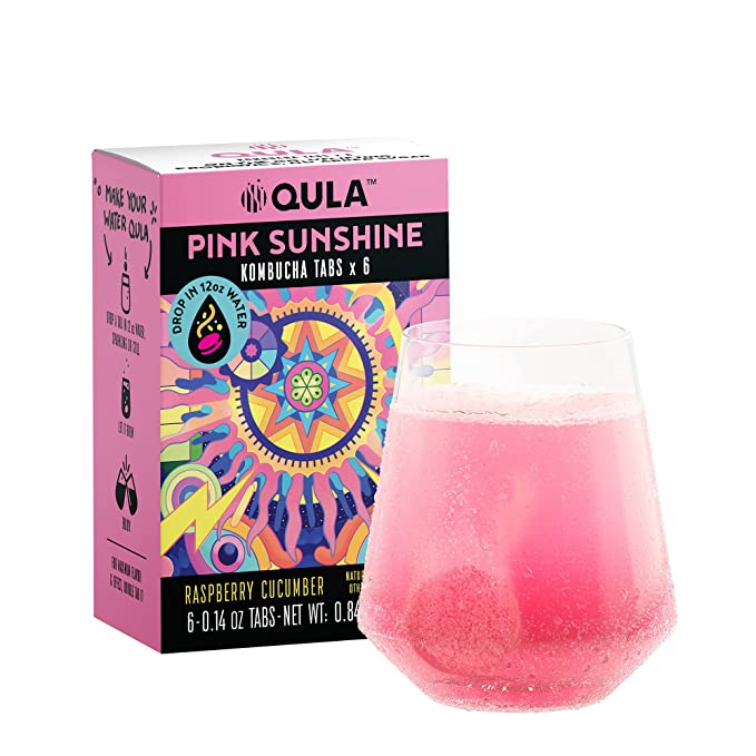  QULA Kombucha Drink Tabs (Pink Sunshine RASPBERRY CUCUMBER flavor) Transform water into delicious KOMBUCHA with probiotics, no added sugar, under 5 calories, KETO Water Enhancer (6 drinks)  - 850004920084
