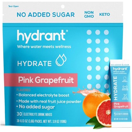 Hydrant Hydrate Grapefruit No Added Sugar 30 Stick Packs, Electrolyte Powder Rapid Hydration Mix, Hydration Powder Packets Drink Mix, Helps Rehydrate Better Than Water - 850005409557
