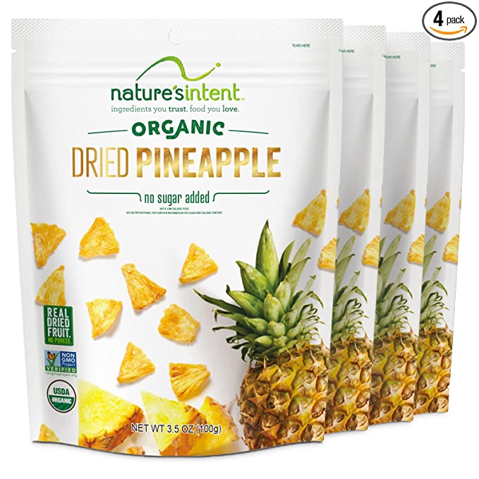  Nature's Intent Organic Dried Pineapple - 4 Pack x 3.5 Ounce - A Healthy Snack - Vegan, Vegetarian, USDA Organic, Non-GMO, and Gluten-Free with No Added Sugars, or Preservatives - Real Dried Fruit  - 850005965534