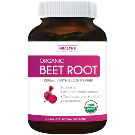 Healths Harmony Organic Beet Root Powder (120 Tablets) 1350mg Beets Per Serving with Black Pepper for Extra Absorption - Nitrate Supplement for Circulation, Heart Health - No Capsules - 850006500079