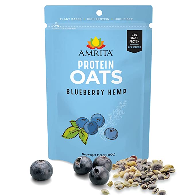  Amrita 14OZ Overnight Protein Oats – Blueberry Hemp, 15gm Protein/Breakfast - Low Sugar Oatmeal, High Fiber - Creamy with Coconut Milk - 100% Allergen, GMOs, Gluten Free (5 Servings) - 850006586776