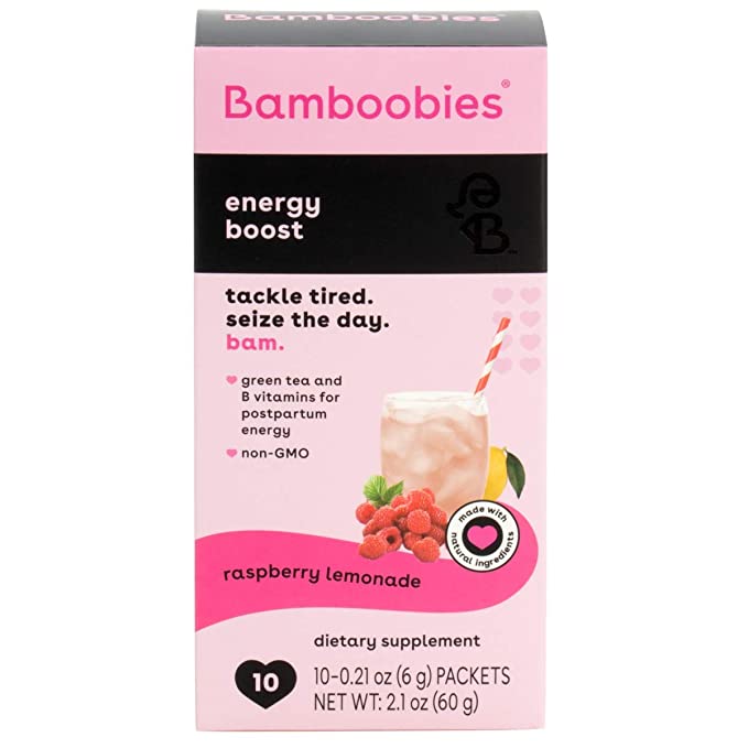  Bamboobies Women's Energy Boost Drink Mix, Raspberry Lemonade, Breastfeeding Supplement Packets, 10 Packets, Made in the USA  - 850006696048