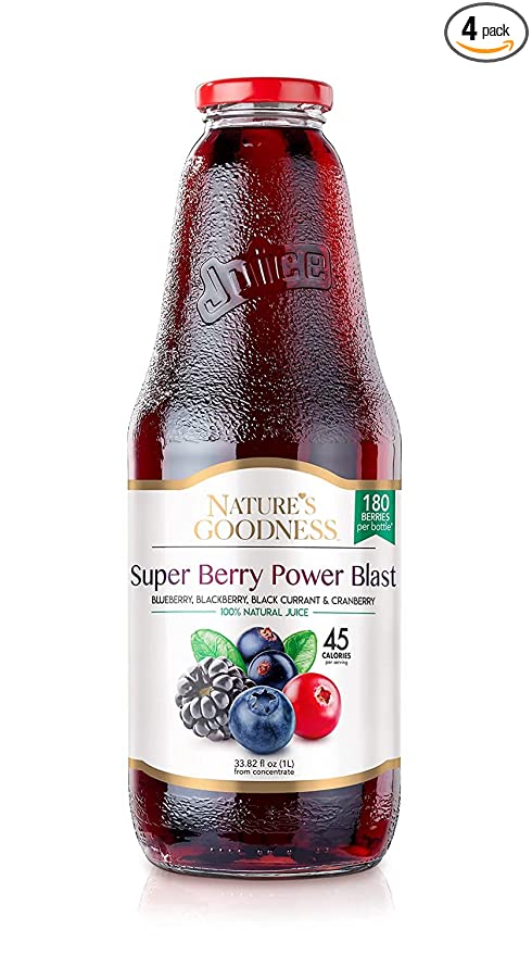Nature's Goodness Super Berries Juice - 33.82 Fl Oz 1(L) - 4 Pack - 4 L (100% Natural, GMO Free, No Colors, No Preservatives, Gluten Free, No Added Sugar, Ethically Sourced) - 850007533786