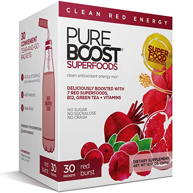  Pureboost Superfoods Clean Energy Drink Mix with B12, 7 Organic Red Superfoods and Vitamins. Naturally Flavored with Super Beets, Hibiscus, Pomegranate. No Sugar. No Sucralose. (30 Count, Red Burst)  - 850008032356