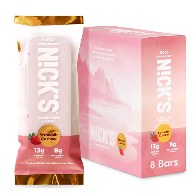  Nick's Smak Bar, Refrigerated Protein Bar, No Added Sugar, Keto Snack, 13g Protein, Meal Replacement Bar, Healthy Snack Bar, 8g net carbs, 8 Count, Strawberry Cashew  - 850009682598