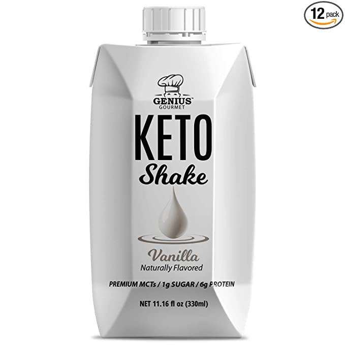 Genius Gourmet All Natural Keto Shakes Ready to Drink - Low Carb Keto Snacks to Go | Premium MCTs, 1g Sugar, 6g Protein (Vanilla, 12 Pack) - 850010013831
