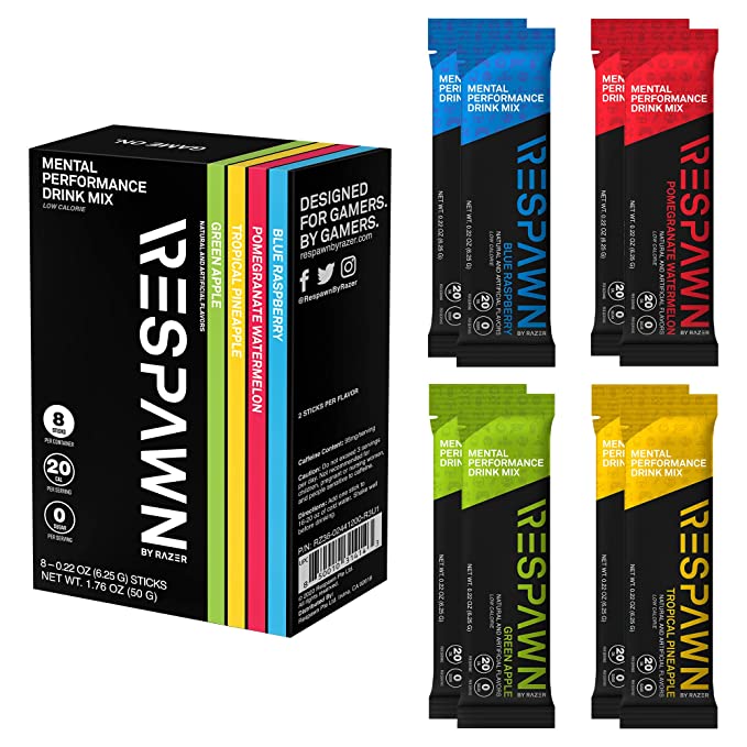  RESPAWN By Razer Mental Performance Drink Mix - Variety Pack - Blue Raspberry, Pomegranate Watermelon, Green Apple, Tropical Pineapple - Mental Performance Drink Packets - For Gamers. By Gamers. - 8 Packets  - 850010314143