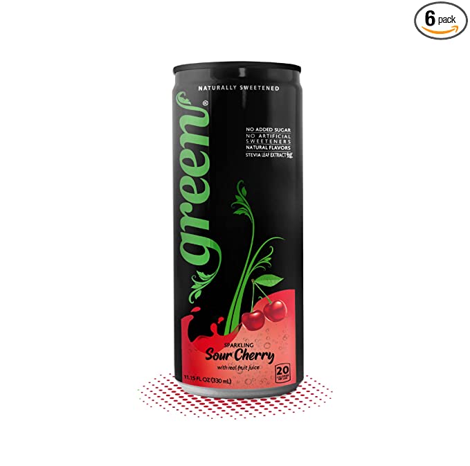  Green Sour Cherry- No added Sugar, 10% Real Sour Cherry Juice, 20 Calories per can, Naturally Sweetened with 100% Stevia Leaf Extract, Carbonated Soda, 11.15 Fl Oz each can - Pack of 6…  - 850010788241