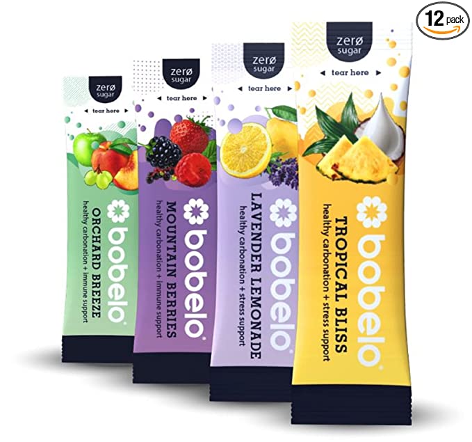  Bobelo Sparkling Electrolyte Natural Hydration Packets - Trial Pack | Tropical Bliss, Mountain Berries, Lavender Lemonade, Orchard Breeze | Zero Sugar Electrolyte Drink Mix with Real Fruit | 3 of Each Flavor  - 850011108369