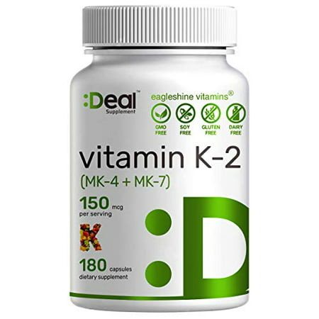 Vitamin K2 MK-7 and MK-4 150 mcg Per Capsule 6 Months Supply Supports Bone Health | Cardiovascular Health - Vitamin K2 Supplement (180 Capsules) - 850011900369