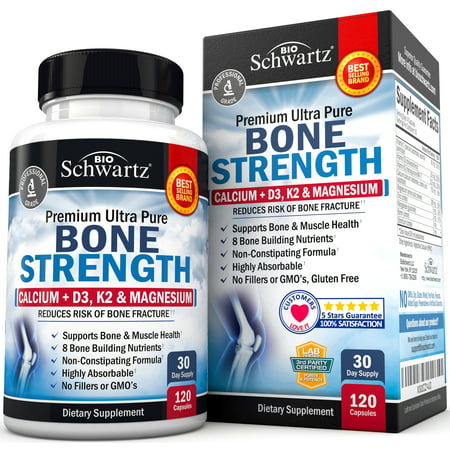 BioSchwartz Bone Strength Supplement with Calcium + D3 K2 & Magnesium for Women and Men - 120 Count - 850013512003
