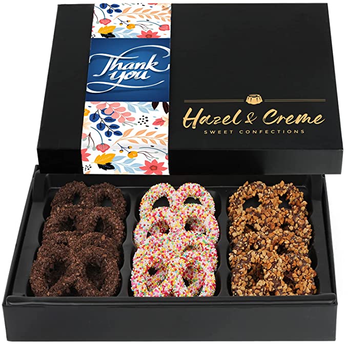  Hazel & Creme Chocolate Covered Pretzels - THANK YOU Chocolate Gift Box - Appreciation Gourmet Food Gift Basket, Teachers, Nurses, Employees, Boss, Men Women, Friend, Kosher Prime  - 850013966158