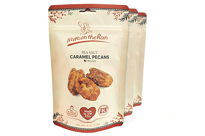  Nuts on the Run Sea Salt Caramel Pecans - Kosher, Vegan, Gluten-free, GMO-free Pecan Pralines - 12oz (PACK OF 3 BAGS) - Satisfaction Guarantee  - 850014477288