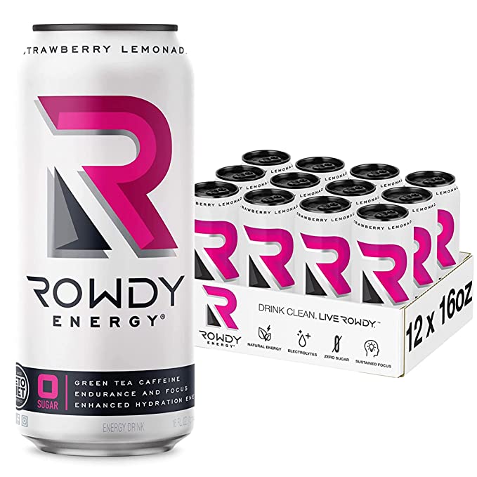  Rowdy Energy Drink, Strawberry Lemonade, Sugar Free, 16 Fl Oz - Natural Caffeine, Electrolytes, Healthy Energy Drinks with B Vitamins and Keto Friendly (12 Pack)  - 850014705114