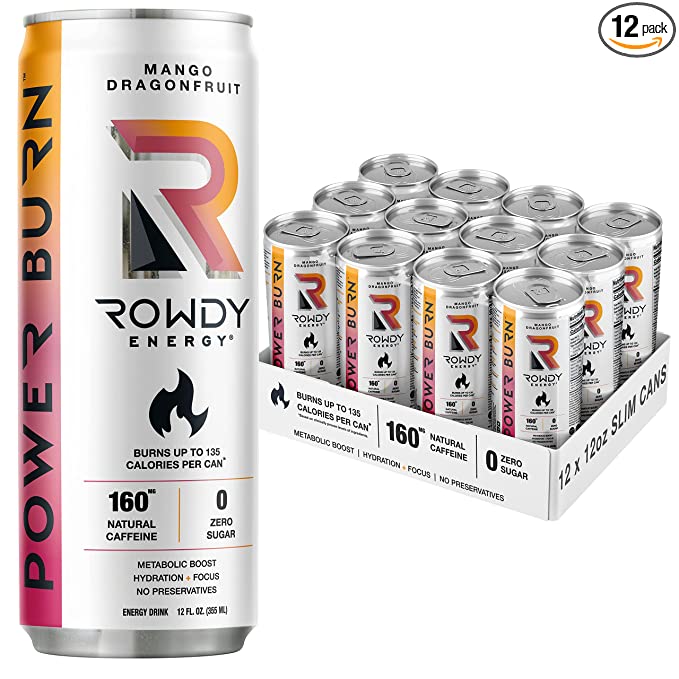  Rowdy Energy Drink Power Burn, Mango Dragonfruit, Sugar Free, 12 Fl Oz - For Performance & Recovery with Amino Acids, Electrolytes, 160mg Natural Caffeine, Healthy and Keto Friendly (12 Pack)  - 850014705725