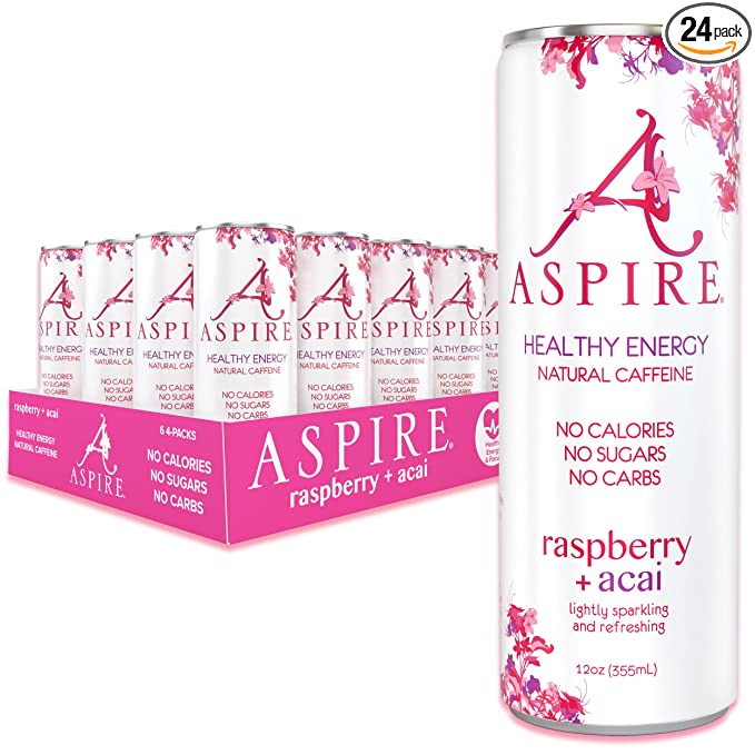  Aspire Healthy Energy, Raspberry Acai, 24 Pack, Sugar Free Energy Drink,12 oz Cans, 80 mg of Natural Caffeine, Zero Sugar, Sparkling Caffeinated Drink, Natural Energy with Vitamins B & C, Keto Drink, Vegan and Kosher Friendly  - 850015419041