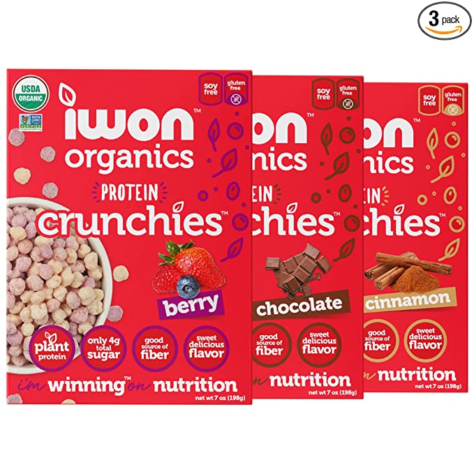  IWON Organics Protein Crunchies - Plant-based Protein, Low Sugar, Gluten & Dairy Free, Non-GMO, Organic Breakfast Cereal - 3 Flavor Variety Pack - 7oz (Pack of 3) - 850015890307