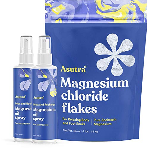 ASUTRA Value Bundle of Topical Magnesium Chloride Oil Sprays (8 oz Total) + Magnesium Chloride Bath Flakes (4lbs Total) | Relieve Muscle Cramps & Joint Pain | Stress & Anxiety Relief | Pure - 850016538079