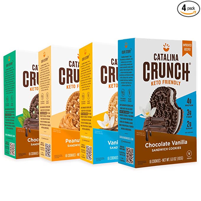  Catalina Crunch Sandwich Cookies Variety Pack (4 Flavors), 6.8 Oz Boxes, Chocolate Mint, Peanut Butter, Vanilla Creme, Chocolate Vanilla | Keto Cookies, Keto Snacks | Vegan, Low Carb, Low Sugar, Protein  - 850017468405