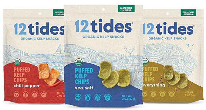  12 Tides Organic Puffed Kelp Chips - Plant Based Seaweed Chips, Non GMO, Gluten Free, No Added Sugar, Sea Vegetable Chips, Variety, 3 count - 850017570153
