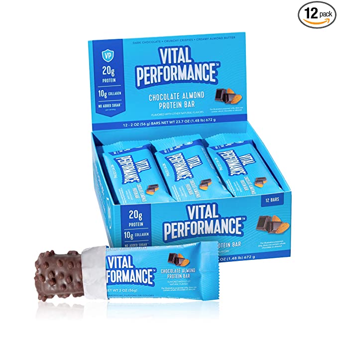  Vital Performance Protein Bar, Healthy Snacks, 20g of Protein, 10g of Collagen Peptides, 2-3g of Sugar, Low Lactose, 12 Pack, Chocolate Almond  - 850017983205