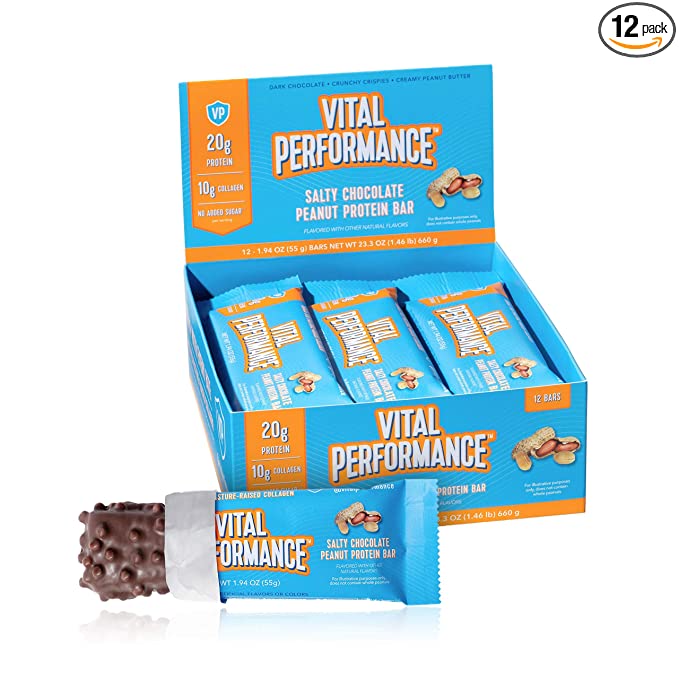 Vital Performance Protein Bar, Healthy Snacks, 20g of Protein, 10g of Collagen Peptides, Gluten Free, 2-3g of Sugar, Low Lactose, 12 Pack, Salty Chocolate Peanut - 850017983229