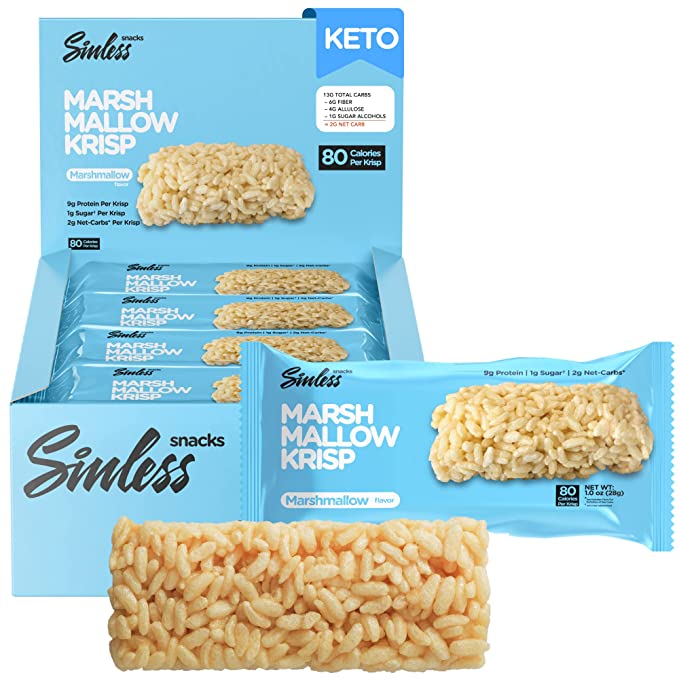  Sinless Snacks Marsh Mallow Krisp, Delicious Gluten Free Marshmallow Keto Cereal Bars, Soft and Chewy Keto Low Sugar Snack, Only 1g Sugar, 9g Protein, 2g Net-Carbs, 8 Pack  - 850018091077