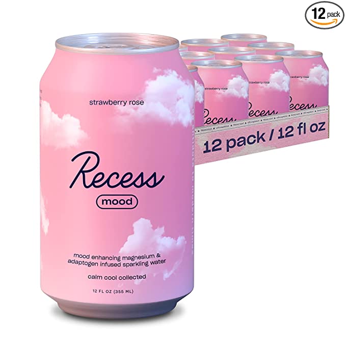  Recess Mood Magnesium Supplement Drink Calming Beverage, 12 Ounce, Pack of 12 (Strawberry Rose, 12 Pack)  - 850019179521