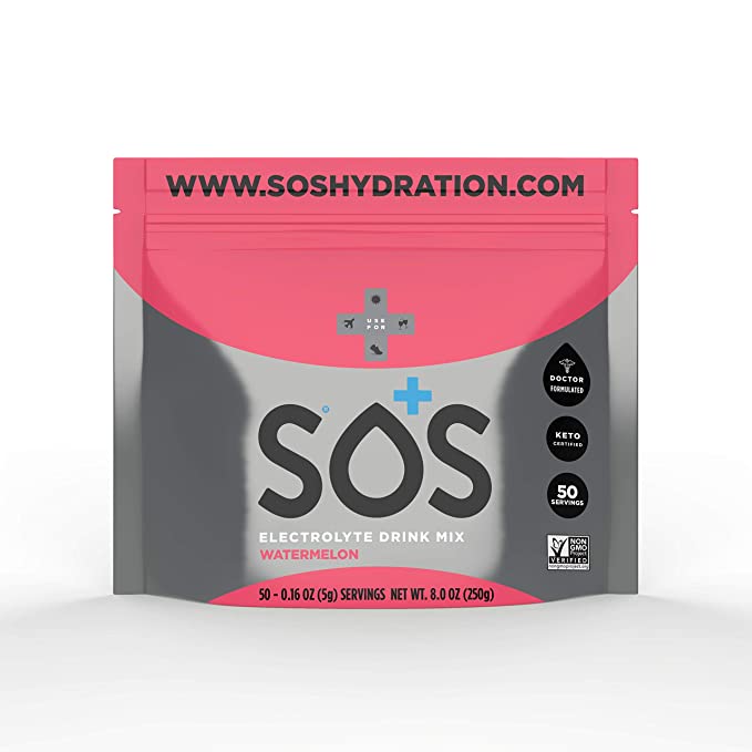 SOS Hydration- Electrolyte and Mineral Drink Mix- (Watermelon) 50 Serving Refill Pouch (290g) | Low Sugar | Keto Certified| Non-GMO | Gluten Free| - 850019722130