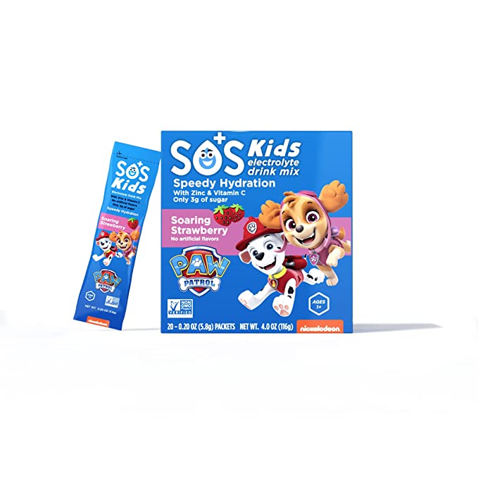  SOS Hydration X Kids Paw Patrol, Low Sugar, Electrolyte Solution (Strawberry)- 20 Servings |Vitamins C, A & Zinc |Minerals |Keto Certified|Non-GMO |Gluten Free|Zero Artificial Ingredients-(4 ounce)  - 850019722345