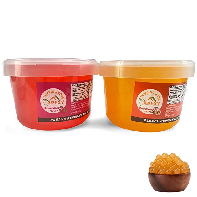  Apexy Bursting Popping Boba Pearls, with Real Natural Juice, 2.1 LB Cups, Great For Drink & Dessert Topping, Ideal Party Kit, Variety Pack of 2 (Strawberry, Passion Fruit)  - 850020658602