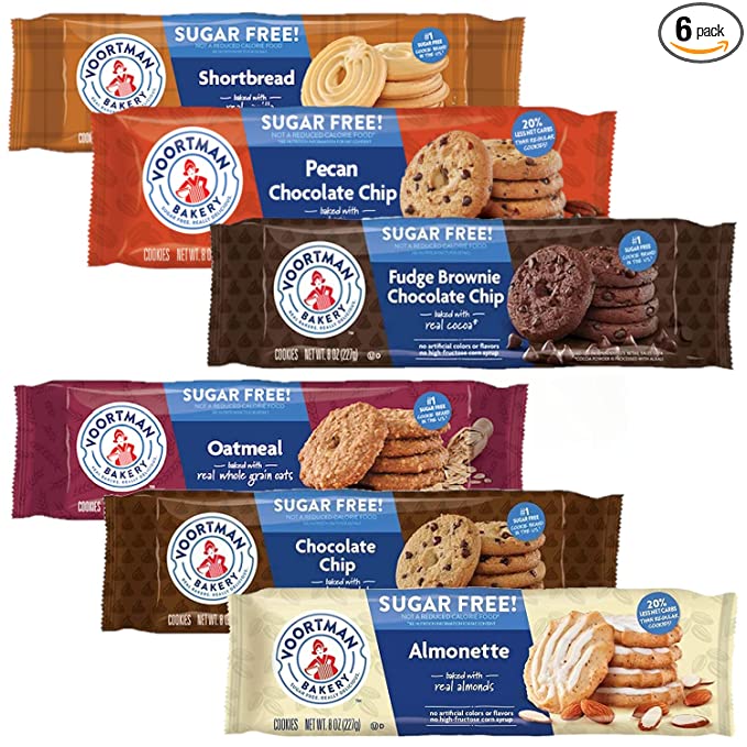  Sugar Free Cookies by Voortman | 6 Unique Flavors | Chocolate Chip, Fudge Brownie, Shortbread, Pecan Chocolate Chip, Oatmeal and Iced Almonette  - 850021782252